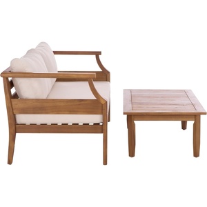 image:imageSAFAVIEH Outdoor Patio Furniture Collection  Alta Teak amp Cream Solid Wood Bench with Cushions and Slatted Coffee Table 2Piece Set PAT6812ATeak BrownCream