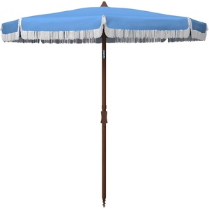 image:imageSAFAVIEH 65ft Outdoor Patio Umbrella Round Estonia Collection Fringe Trim Light Blue Button Tilt UV Resistant for Deck Backyard Poolside PAT8500CBlue