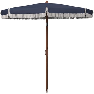 image:imageSAFAVIEH 65ft Outdoor Patio Umbrella Round Estonia Collection Fringe Trim Light Blue Button Tilt UV Resistant for Deck Backyard Poolside PAT8500CNavy