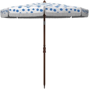 image:imageSAFAVIEH 65ft Outdoor Patio Umbrella Round Sydney Collection White amp Light Blue Polka Dot Print Fringe Trim Button Tilt UV Resistant for Deck Backyard Poolside PAT8502CWhite  Blue