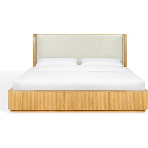 image:imageSAFAVIEH Couture Collection  Barrymore Greige Oak amp Taupe Reeded Wood Upholstered King Bed Modern Platform Bed Frame with Textured Wood Detail SFV2227AKGreige OakTaupe