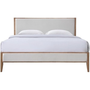 image:imageSAFAVIEH Couture Collection  Giuliano Walnut Wood Frame Bed Ivory Fabric Upholstered Headboard Queen Size No Box Spring Needed SFV1804BQIvoryNatural