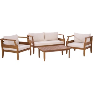 image:imageSAFAVIEH Outdoor  Alta 4 Piece Outdoor Dining Set  Teak Brown amp Cream Acacia Wood  Coastal Design with Removable Cushions  Ideal for Patio Deck Porch Backyard PAT9519AKIT2Teak BrownCream