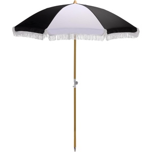 image:imageSAFAVIEH Outdoor  Gallo 65 FT Beach Umbrella  Canopy with White Fringe Trim Tilt Function Aluminum Pole Weather Resistant for Beach Patio Garden PAT8505Black Stripe