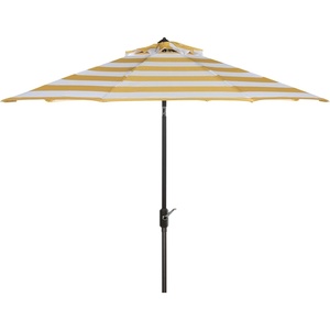 image:imageSAFAVIEH Outdoor  Iris 11 FT Round Patio Umbrella  Yellow Stripe Crank Lift Aluminum Frame with Brown Pole Weather Resistant for Deck Backyard Garden PAT8104Y