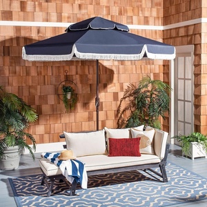 image:imageSAFAVIEH Outdoor  Milan 9Foot DoubleTop Patio Umbrella  Red Canopy  Brown Aluminum Pole  Decorative Fringe Trim Vented Design  Ideal for Patio Deck Poolside Backyard PAT8208ENavyWhite