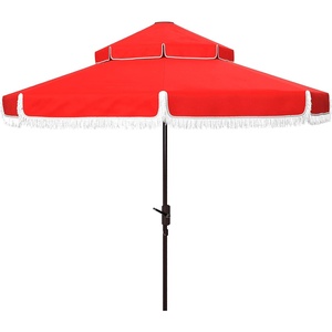 image:imageSAFAVIEH Outdoor  Milan 9Foot DoubleTop Patio Umbrella  Red Canopy  Brown Aluminum Pole  Decorative Fringe Trim Vented Design  Ideal for Patio Deck Poolside Backyard PAT8208ERed