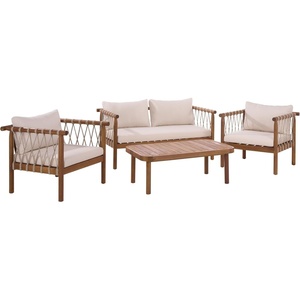 image:imageSAFAVIEH Outdoor  Sabrina 4 Piece Outdoor Dining Set  Teak Brown amp Cream Acacia Wood  Coastal Design with Removable Cushions  Ideal for Patio Deck Porch Backyard PAT9518AKIT2Teak BrownCream