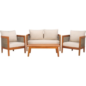 image:imageSAFAVIEH Outdoor Patio Furniture  Amanda 4Piece Set  Sand amp Taupe  Acacia Wood  Coastal Conversation Set with Detachable Cushion Covers  Ideal for Patio Deck Porch Backyard PAT9512AKIT2NaturalTaupe