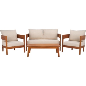 image:imageSAFAVIEH Outdoor Patio Furniture  Theo 4Piece Set  Sand amp Taupe  Acacia Wood  Conversation Set with Detachable Cushion Covers  Ideal for Patio Deck Porch Backyard PAT9511AKIT2NaturalTaupe