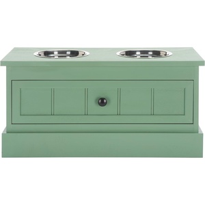 image:imageSAFAVIEH Home Collection Boomer Sage Green Elevated Pet Feeder Dog Bowl Stand with Drawer Fully AssembledSage Green